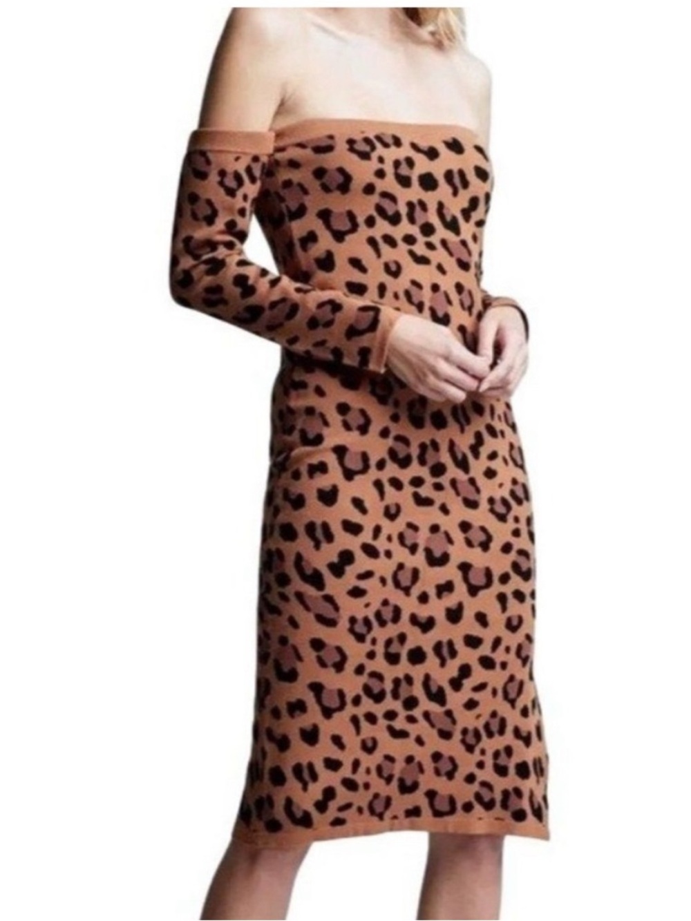L’AGENCE Felicia Off Shoulder Long Sleeves Sweater Dress in Leopard Size Medium